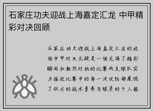 石家庄功夫迎战上海嘉定汇龙 中甲精彩对决回顾
